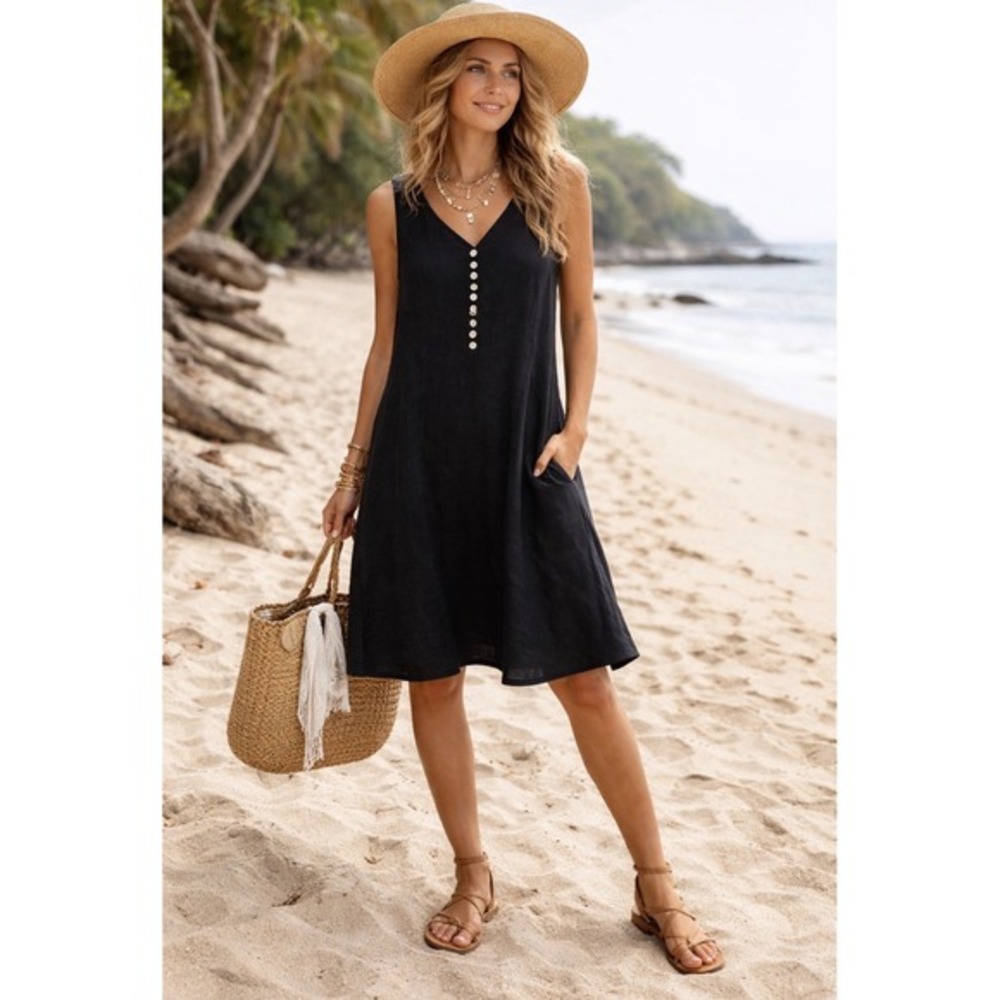 Mosaic USA Linen Mini Dress M Black Sleeveless Button Front Lagenlook Boho Beach
